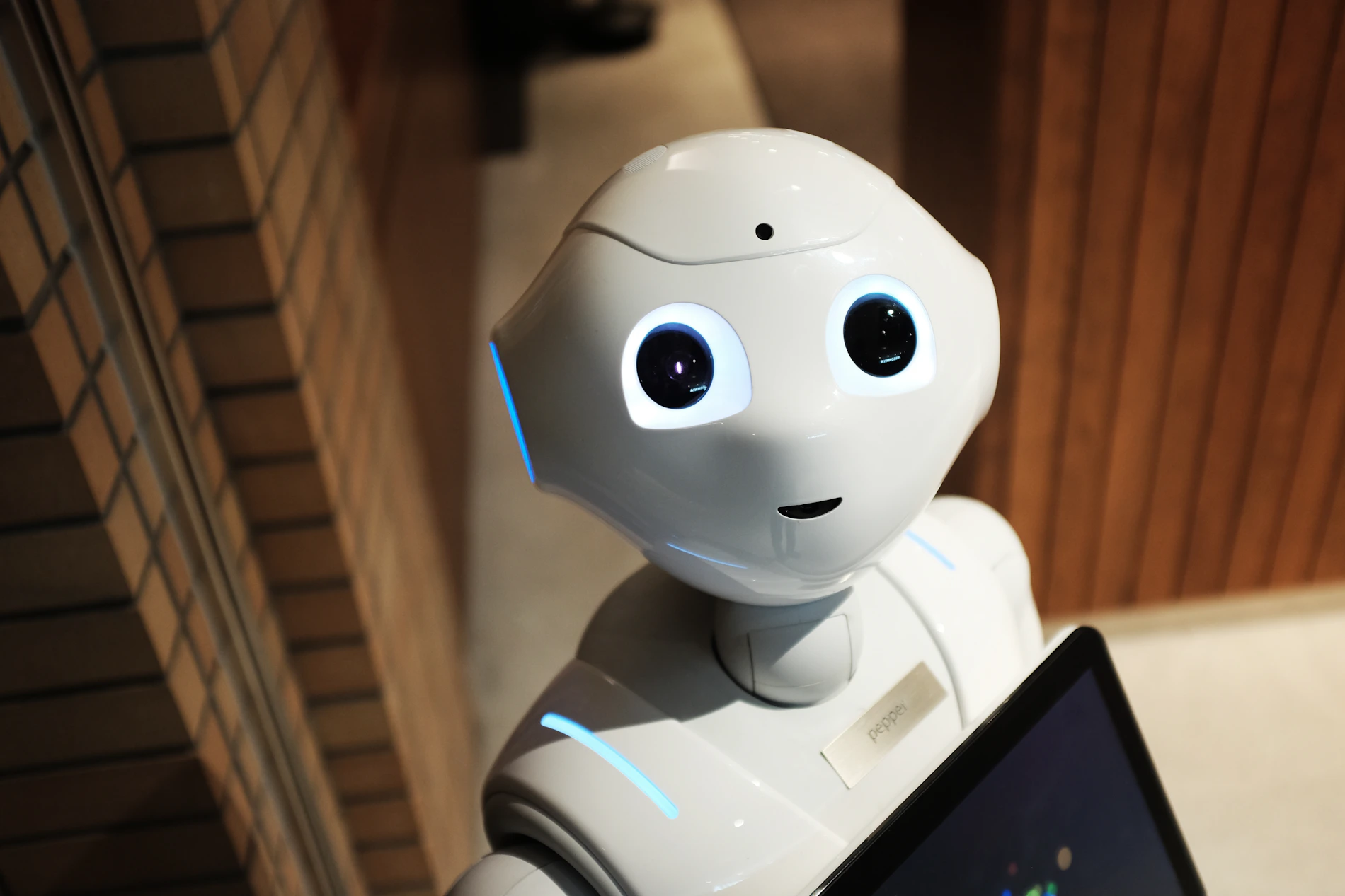 Humanoidni robot v temni dvorani, osvetljen z mehko svetlobo